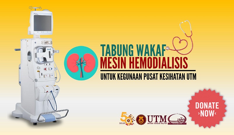Unit Dana Wakaf Pendidikan UTM mengajak semua staf, pelajar, alumni, orang ramai dan syarikat korporat untuk berwakaf secara wakaf tunai bagi pembelian 11 unit mesin hemodialisis yang baharu. Mesin ini akan ditempatkan di Pusat Kesihatan UTM (PKU). 11 unit mesin yang baharu adalah diperlukan bagi menambah dan mengantika mesin hemodialisis lama yang berusia antara 6 hingga 23 tahun. Nilai mesin ini adalah berharga RM42,630.00 seunit dan kos keseluruhan projek adalah sebanyak RM468,930.00. Projek Wakaf Mesin Hemodialisis telah mendapat kelulusan mesyuarat Lembaga Pengarah Dana Wakaf Pendidikan UTM pada 13 Disember 2022 dan mesyuarat Jawatankuasa Pengurusan Universiti (JPU) pada 10 Januari 2023. Wakaf Cakna Kesihatan.