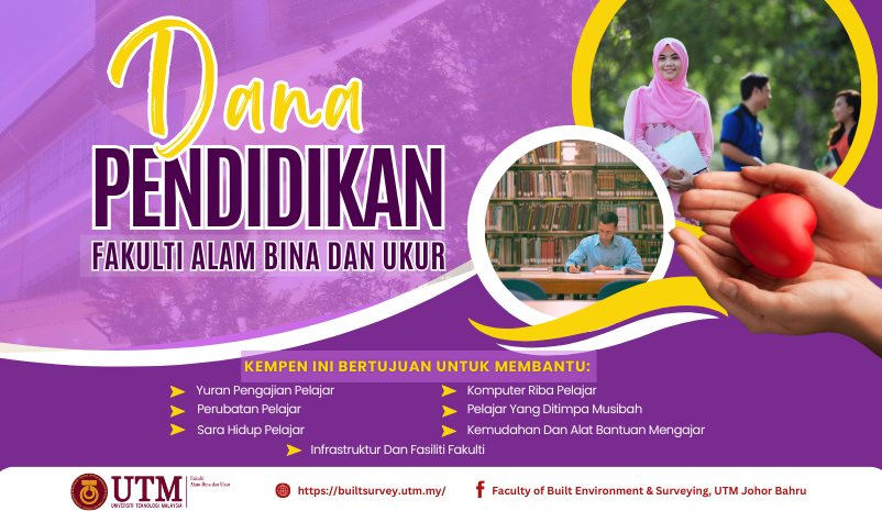 Fakulti Alam Bina dan Ukur (FABU), UTM dengan rendah hati menjemput para alumni, staf, dan masyarakat untuk bersama-sama menyumbang bagi menampung keperluan kewangan pelajar FABU di UTM. Sumbangan anda bukan sahaja meringankan beban pelajar, tetapi juga menjadi pemangkin dalam memperkasakan pembangunan pendidikan mereka. Dengan bantuan anda, kita dapat memastikan masa depan yang lebih cemerlang untuk generasi pelajar FABU.