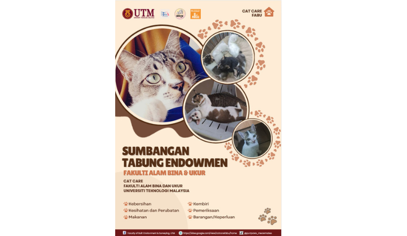 Endowment CatCare FABU ialah inisiatif fakulti untuk menyokong penjagaan kucing secara berterusan, termasuk penyediaan makanan, rawatan veterinar, dan persekitaran yang lebih selamat. Sumbangan anda membantu kesejahteraan haiwan ini dan memupuk budaya prihatin dalam komuniti kampus.